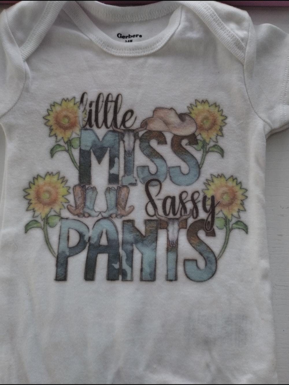 Gerber White Baby Tee with Blue and Brown 'Miss Sassy Pants' Graphic